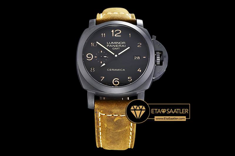 Panerai Luminor Ceramica GMT PAM441 Seramik Kasa Siyah Kadran Deri Kordon ETA